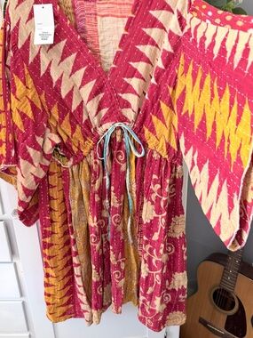 Kantha- Bohemian Drawstring Casual Dress in Pink and Yellow